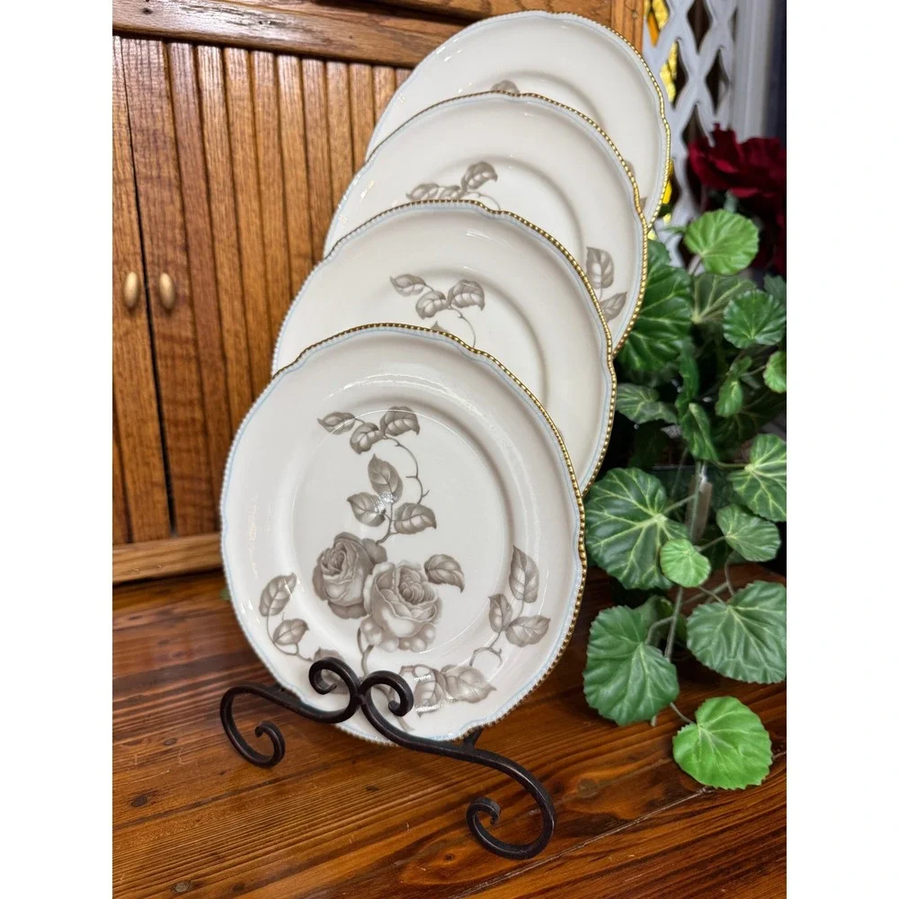 Castleton China Gloria Salad Plate Set of 4 Cream Rose Gold Rim Vintage